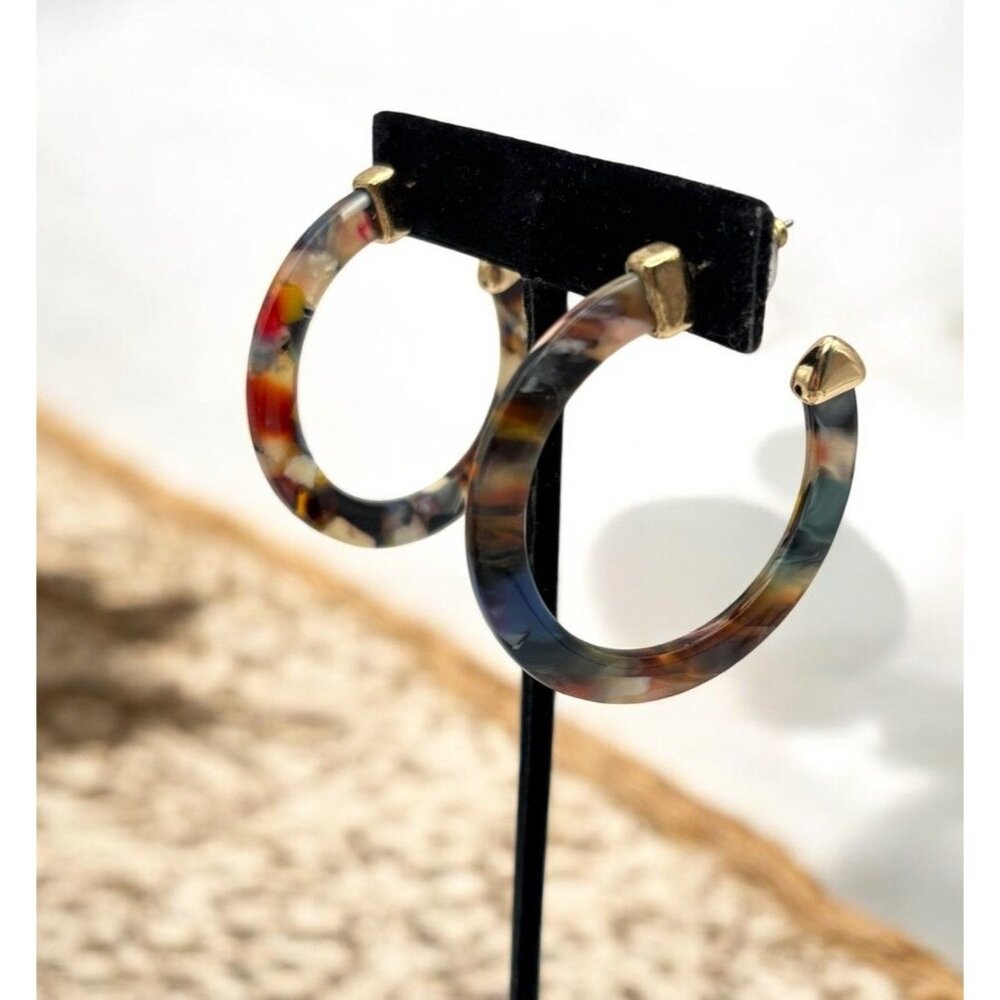 Vibrant Multicolor Acrylic Hoop Earrings with Gold-Tone Accents Marbled Look